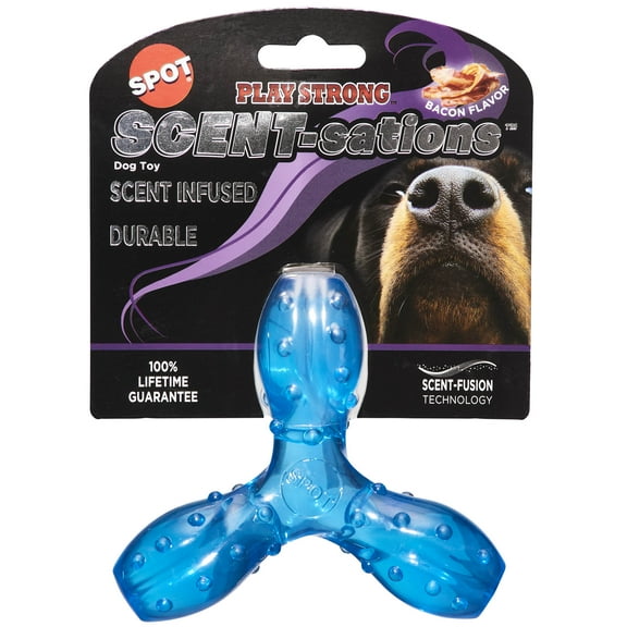 SPOT Play Strong Rubber Dog Toy, Scent-Infused TPR Trident for Aggressive Chewers up to 45lbs, Small & Medium Dogs, Bacon Flavor, 5in