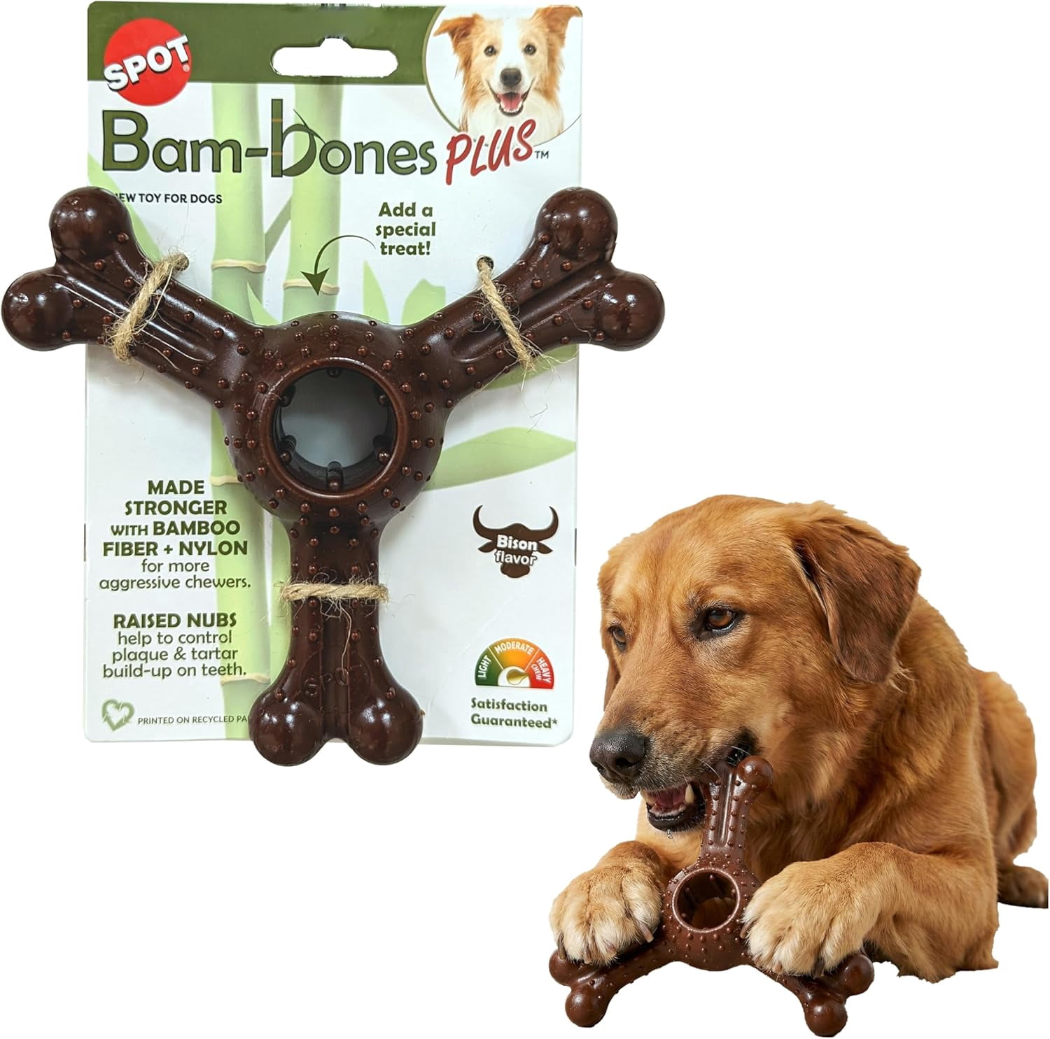 SPOT Bam-Bones Plus Triple Chew Toy for Dogs  Bamboo Fiber & Nylon Long Lasting Chew, Great for Adult Dogs & Teething Puppies, Non-Splintering, Bison Flavor, 7in