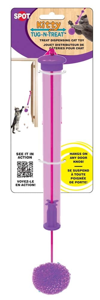 Cat toy hangs top on door knob