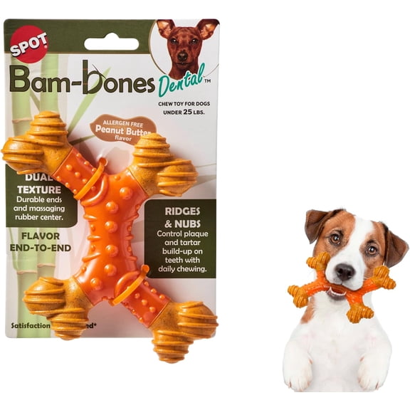 SPOT Bam-Bones Dental X-Bone Dog Chew Toy, 6", For Light Chewers & Teething Puppies Under 25 lbs, Peanut Butter Flavor, Bamboo Fiber with Massaging Rubber Center, 1 Pack