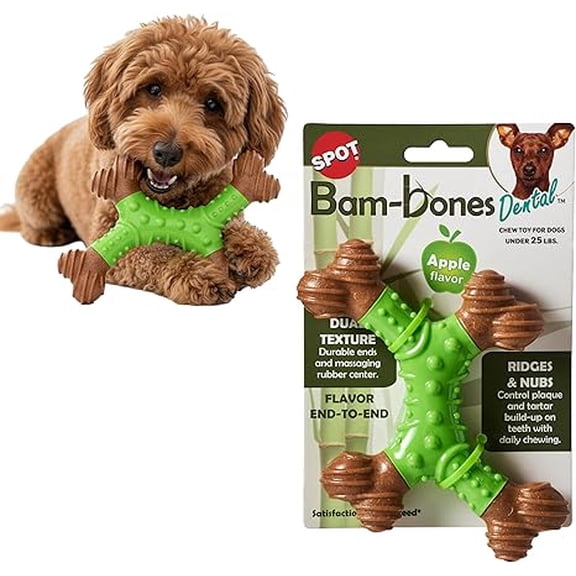 SPOT Bam-Bones Dental X-Bone Dog Chew Toy, 6", For Light Chewers & Teething Puppies Under 25 lbs, Apple Flavor, Bamboo Fiber with Massaging Rubber Center, 1 Pack