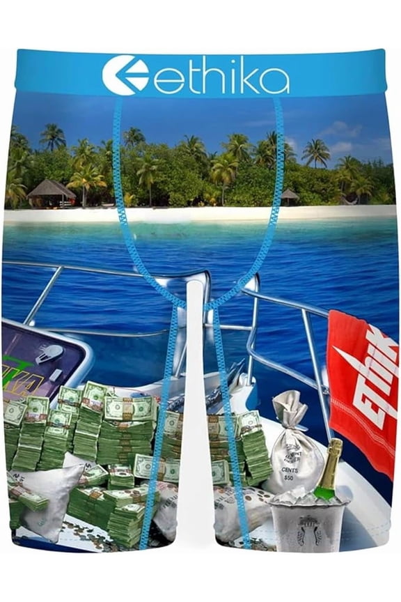 Mens Boxer Brief, Knee Length, 4-Way Stretch Performance Underwear with Graphic Prints - The Island (AST, L)