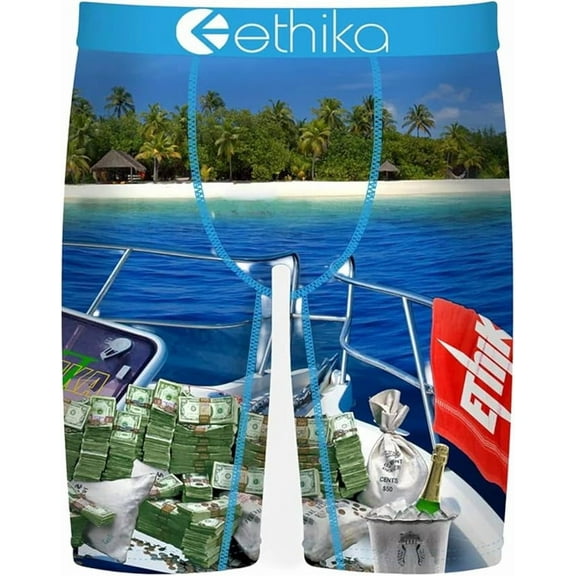 Ethika Mens Boxer Brief, Knee Length, 4-Way Stretch Performance Underwear with Graphic Prints - The Island (AST, M)