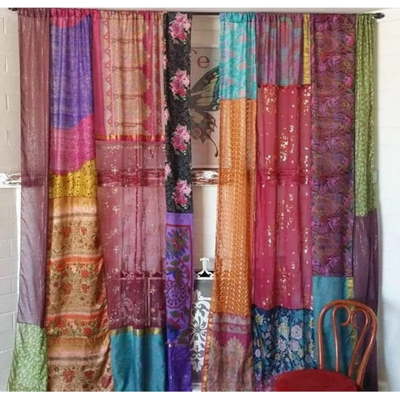 EthinicCraftHub 1 Pair of Indian Vintage Silk Blend Sari Multi Color (Assorted Color) Handmade Patchwork Curtains Drapes Home Decor Curtain/Panels