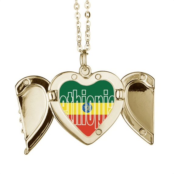 Ethiopia Country Flag Name Folded Wings Peach Heart Pendant Necklace