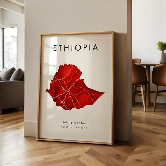 Ethiopia Map Printed Red And Gold Africa Wall Art Home Decor Geography Map Gift