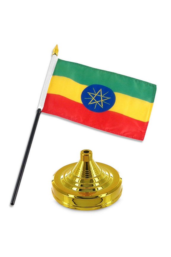 Ethiopia Star Crest 4"x6" Flag Desk Set Table Stick Gold Base