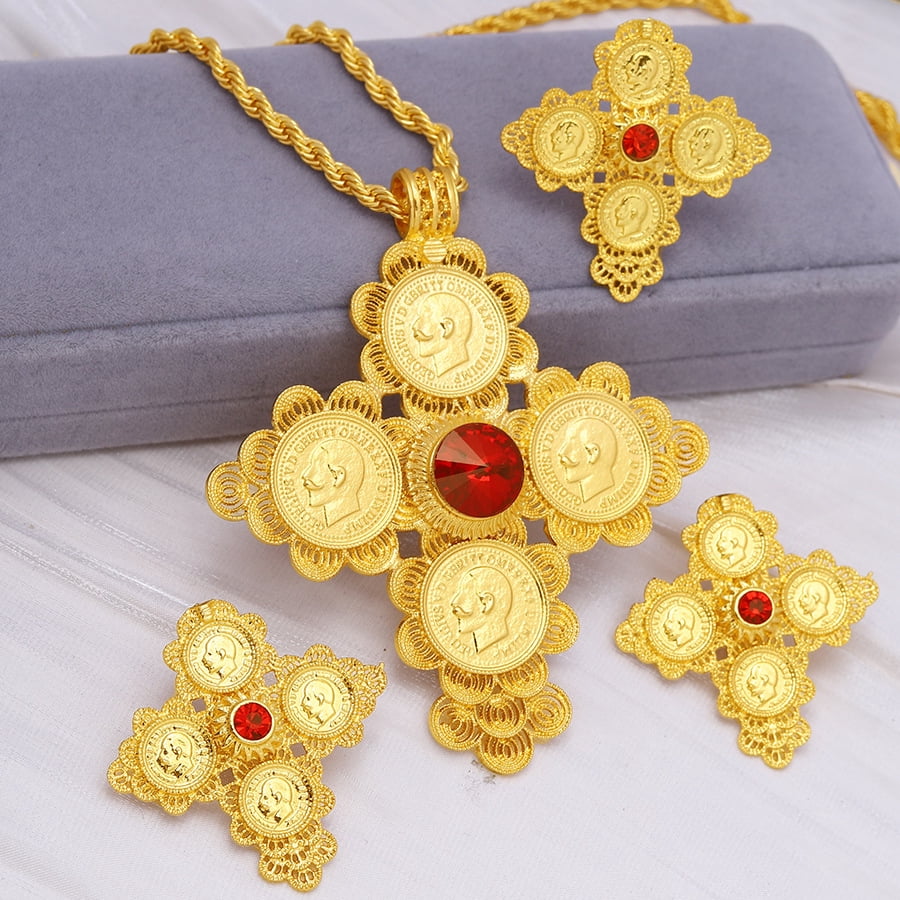 Ethiopian Gold Jewelry Set - 24K Gold Plated Pendant Necklace, Earrings, Bangle & Ring, Habesha Eritrean Style - View #5