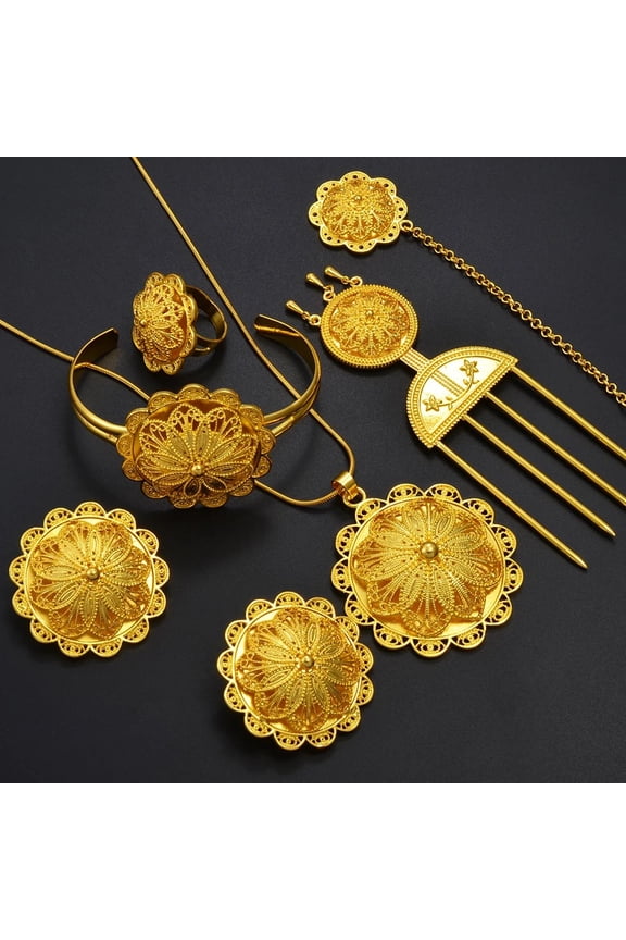 Ethiopian 14K Yellow Gold Jewelry sets Necklace Earrings Ring Hairpin Forehead Chain Bracelet Eritrean African Ethnic Bridal Item