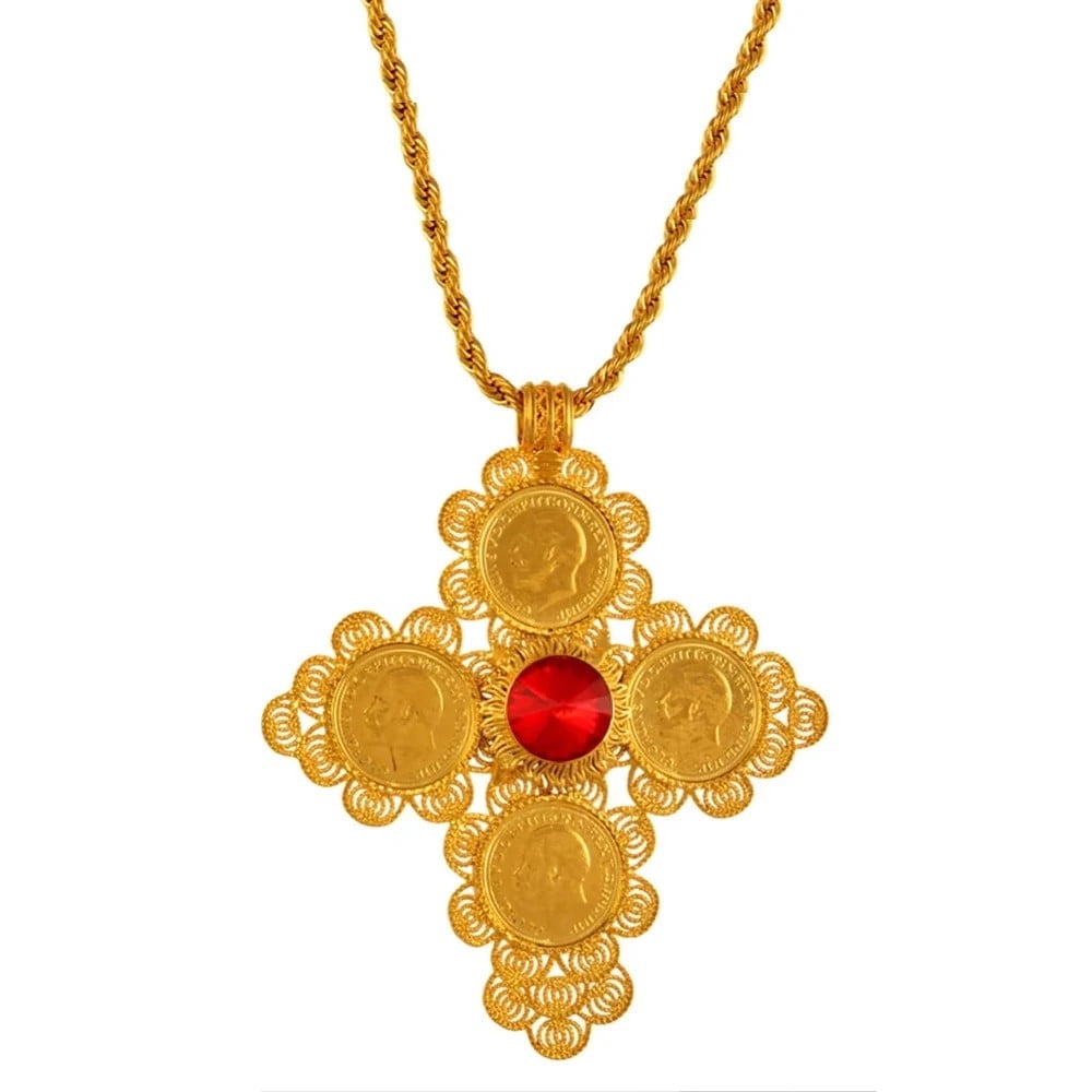 Ethiopian Big Coin Cross Pendant Necklace - Women's 24K Gold Plated Jewelry Gift - View #3