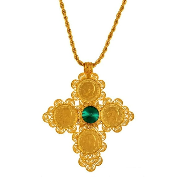 Ethiopian Big Cross Pendants Necklaces Women Men 14k Yellow Gold Jewelry Africa Coin Cross/Eritrea Habesha Necklace A010