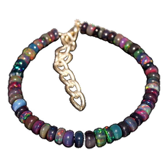 Ethiopian Black Opal 4-6mm Rondelle Shape Smooth Cut Beads 7 inch Adjustable Silver Plated Clasp Bracelet for men, women, unisex. Link Chain Stacking Bracelet.|LINK_02584