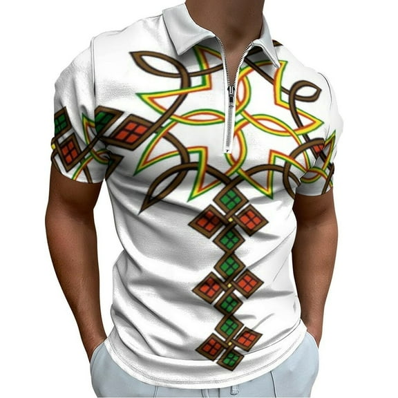 Ethiopian Cross Framed Men Zipper T-shirt Summer Casual Short Sleeve T-shirt Top