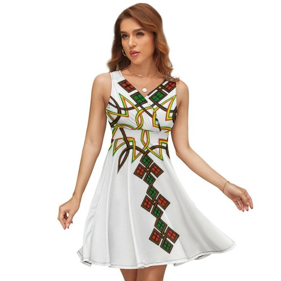 Ethiopian Cross Framed Women's Tank Dress V Neck Sleeveless Summer Sundress
