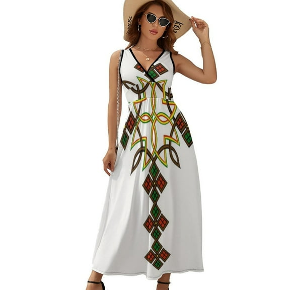 Ethiopian Cross Framed Womens Night Club Maxi Dress V Neck Sleeveless Bohemia Long Dresses