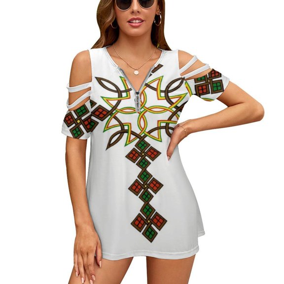 Ethiopian Cross Framed Womens Summer V Neck Zipper Top Short Sleeve T Shirt Off Shoulder Top Casual Classy Loose Shirts