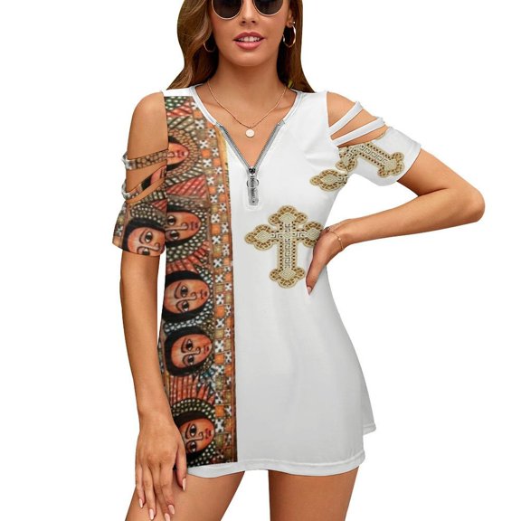 Ethiopian Fashion Womens Summer V Neck Zipper Top Short Sleeve T Shirt Off Shoulder Top Casual Classy Loose Shirts