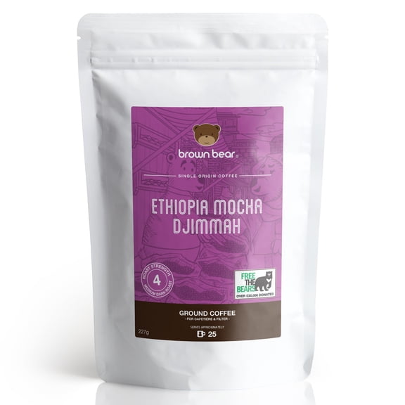 Ethiopian Ground Coffee 227g Medium Dark Roast - Brown Bear Ethiopia Mocha Djimmah - Natural Sundried Dry Processed Coffee - Strength 4 For V60 Filter Cafetiere French Press