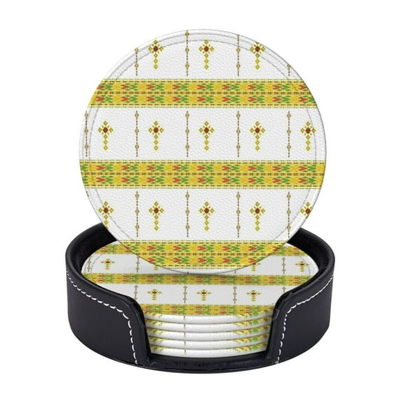 Ethiopian Habesha Tibeb Telet Coasters With Leather Holder Set Of 6 Round Coasters for Home and Kitchen Decor
