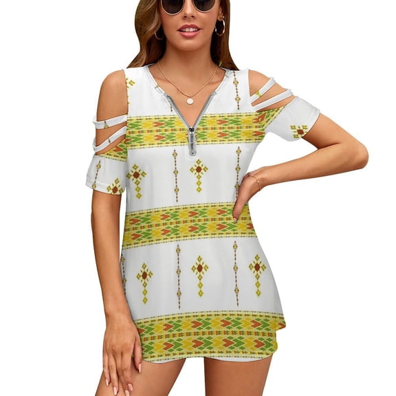 Ethiopian Habesha Tibeb Telet Womens Summer V Neck Zipper Top Short Sleeve T Shirt Off Shoulder Top Casual Classy Loose Shirts