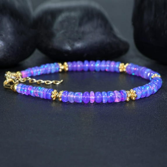 Ethiopian Opal 3.5mm Rondelle Shape Smooth Cut Beads 7 inch Adjustable Gold Plated Clasp Bracelet for men, women, unisex. Link Chain Stacking Bracelet.|LINK_02672