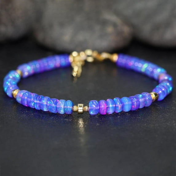 Ethiopian Opal 3.5mm Rondelle Shape Smooth Cut Beads 7 inch Adjustable Gold Plated Clasp Bracelet for men, women, unisex. Link Chain Stacking Bracelet.|LINK_02683