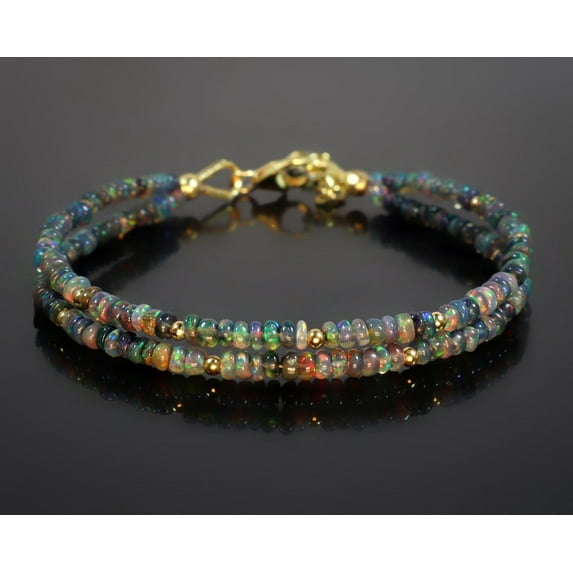 Ethiopian Opal 3mm Rondelle Shape Smooth Cut Beads 7 inch Adjustable Gold Plated Clasp Bracelet for men, women, unisex. Link Chain Stacking Bracelet.|LINK_02776