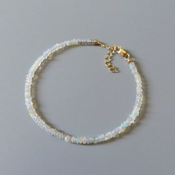 Ethiopian Opal 3mm Rondelle Shape Smooth Cut Beads 7 inch Adjustable Gold Plated Clasp Bracelet for men, women, unisex. Link Chain Stacking Bracelet.|LINK_02771