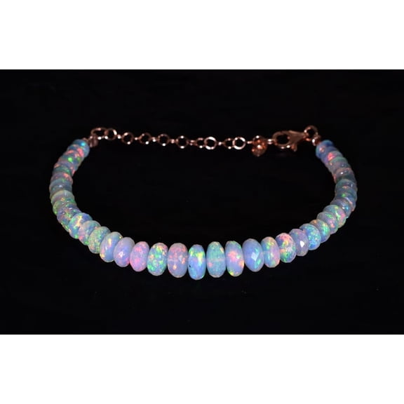 Ethiopian Opal 4-6mm Rondelle Shape Smooth Cut Beads 7 inch Adjustable Silver Plated Clasp Bracelet for men, women, unisex. Link Chain Stacking Bracelet.|LINK_02787