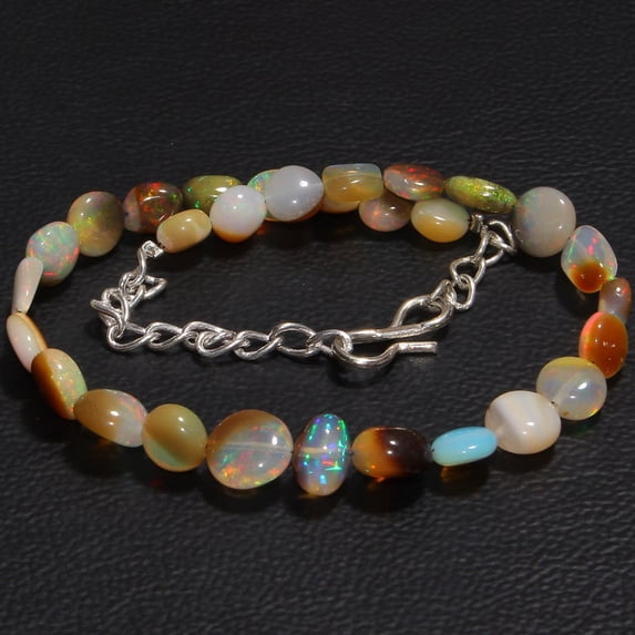Ethiopian Opal 6-10mm Oval Shape Smooth Cut Beads 7 inch Adjustable Silver Plated Clasp Bracelet for men, women, unisex. Link Chain Stacking Bracelet.|LINK_02637