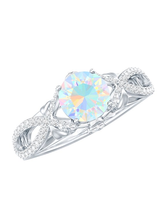 Genuine Ethiopian Opal Engagement Ring with Diamond - 0.8 Carat - Crossover Ring (AAA Quality) - with Jewelry Box, 10K White Gold, US 11.00