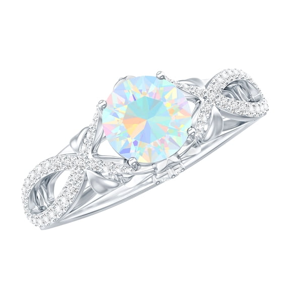 Rosec Jewels Genuine Opal Engagement Ring with Diamond - 6 mm Round Ethiopian Opal Ring (AAA Quality), 10K White Gold, US 6.50