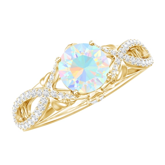 Rosec Jewels Genuine Opal Engagement Ring with Diamond - 6 mm Round Ethiopian Opal Ring (AAA Quality), 18K Yellow Gold, US 3.50