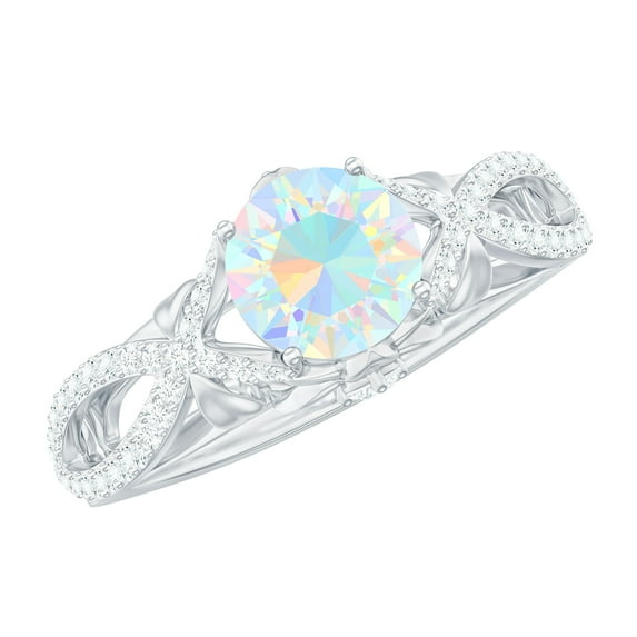 Rosec Jewels Genuine Opal Engagement Ring with Diamond - 6 mm Round Ethiopian Opal Ring (AAA Quality), 925 Sterling Silver, US 4.00