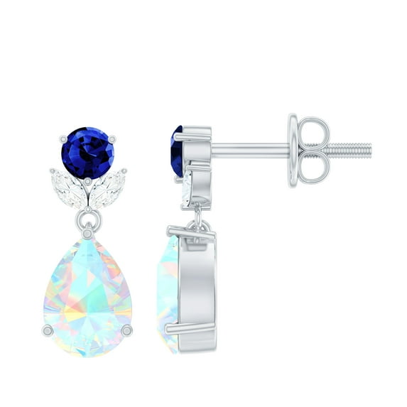 Rosec Jewels Ethiopian Opal Dangle Earrings with Lab Grown Blue Sapphire and Moissanite, 925 Sterling Silver