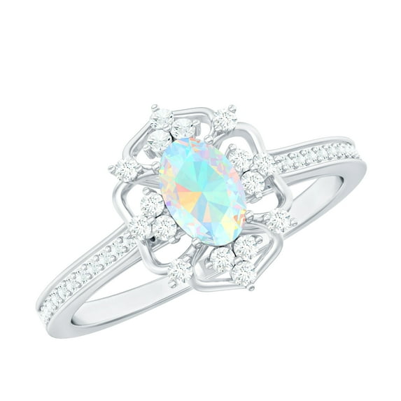 Rosec Jewels Real Ethiopian Opal Oval Engagement Ring 1 Carat - AAA Grade - Vintage Inspired Opal Diamond Ring - with Jewelry Box, 14K White Gold, US 3.50