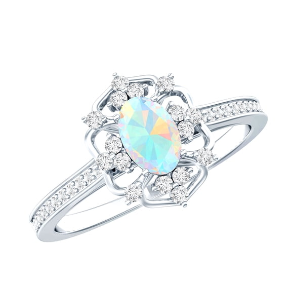 Rosec Jewels Real Ethiopian Opal Oval Engagement Ring 1 Carat - AAA Grade - Vintage Inspired Opal Diamond Ring - with Jewelry Box, 925 Sterling Silver, US 6.00