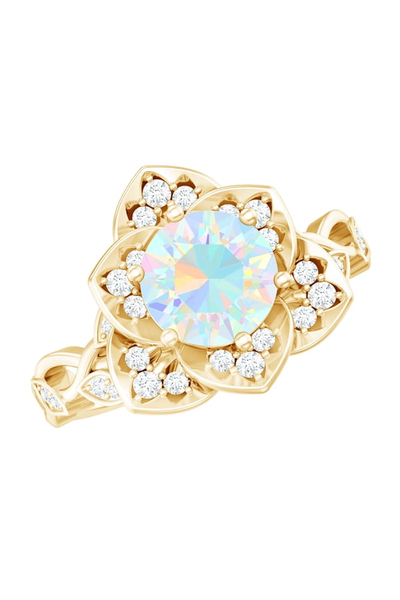 Real Ethiopian Opal Flower Engagement Ring (2 Ct, AAA Quality) - Opal Statement Ring with Diamond - with Jewelry Box, 10K Yellow Gold, US 9.00
