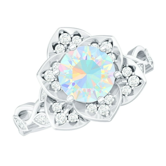 Rosec Jewels Real Ethiopian Opal Flower Engagement Ring (8mm, AAA Quality) - Opal Statement Ring with Diamond - with Jewelry Box, 18K White Gold, US 5.00