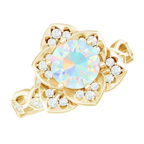 Rosec Jewels Real Ethiopian Opal Flower Engagement Ring (8mm, AAA Quality) - Opal Statement Ring with Diamond - with Jewelry Box, 18K Yellow Gold, US 11.00