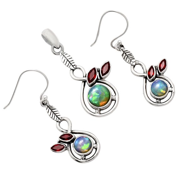 Ethiopian Opal & Garnet 925 Sterling Silver Pendant Earrings Jewelry Set T-1013 AGT1002_C