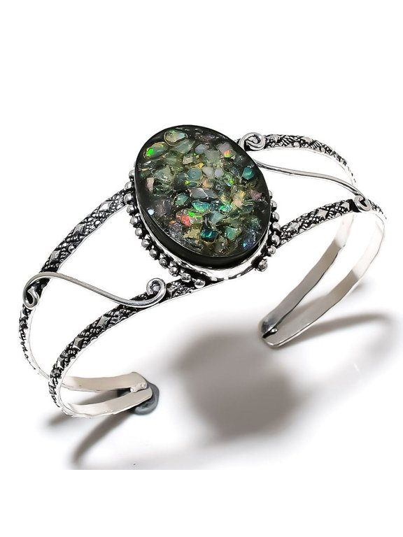 Natural Ethiopian Opal Gemstone 925 Sterling Silver Cuff Bangle Adjustable