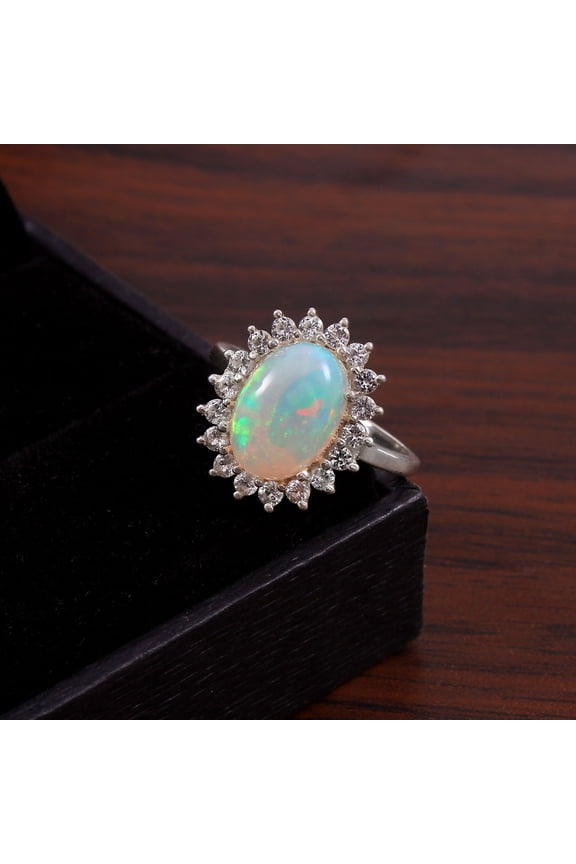 Ethiopian Opal Halo Ring: 925 Sterling Silver, White Topaz