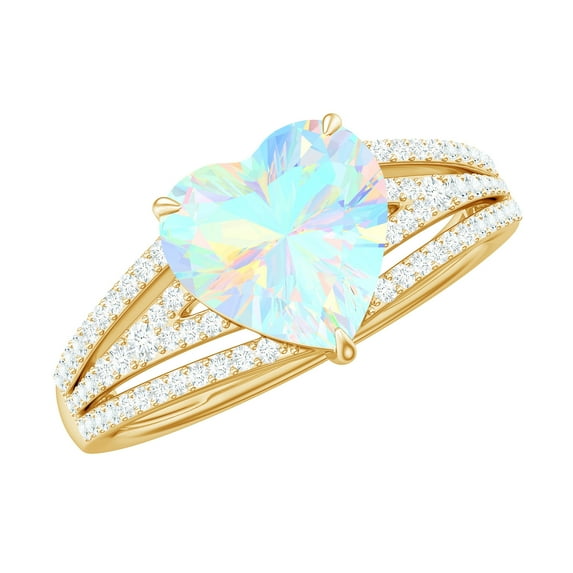 Rosec Jewels Ethiopian Opal Heart Engagement Ring with Diamond - 8 mm - Split Shank Ring - AAA Quality - With Jewelry Box, 10K Yellow Gold, US 6.00