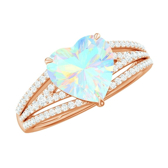 Rosec Jewels Ethiopian Opal Heart Engagement Ring with Diamond - 8 mm - Split Shank Ring - AAA Quality - With Jewelry Box, 14K Rose Gold, US 10.50
