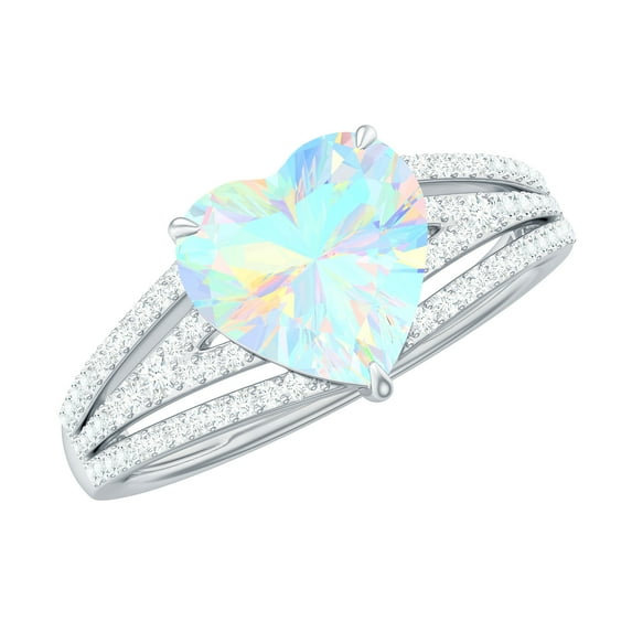 Rosec Jewels Ethiopian Opal Heart Engagement Ring with Diamond - 8 mm - Split Shank Ring - AAA Quality - With Jewelry Box, 14K White Gold, US 10.50