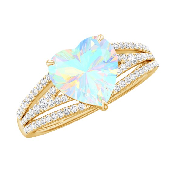 Rosec Jewels Ethiopian Opal Heart Engagement Ring with Diamond - 8 mm - Split Shank Ring - AAA Quality - With Jewelry Box, 18K Yellow Gold, US 12.00
