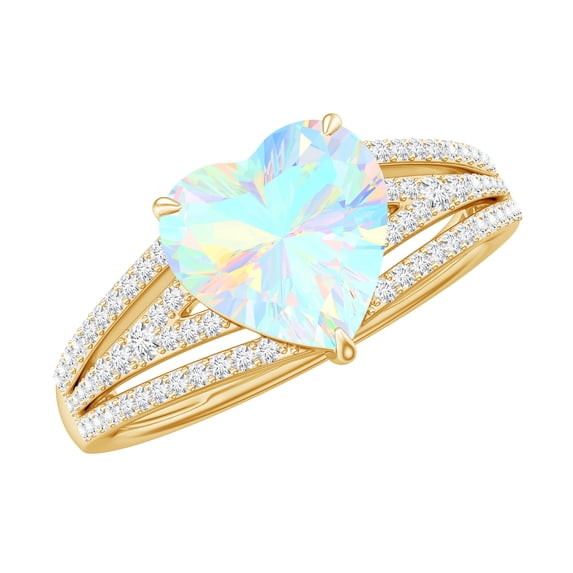 Rosec Jewels Ethiopian Opal Heart Engagement Ring with Diamond - 8 mm - Split Shank Ring - AAA Quality - With Jewelry Box, 18K Yellow Gold, US 13.00