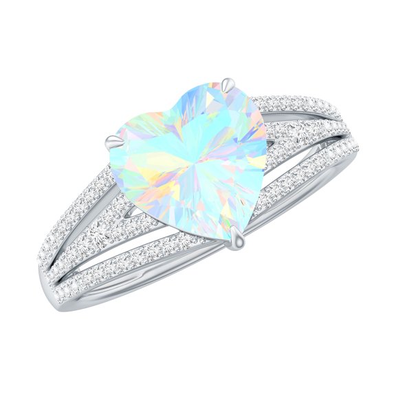 Rosec Jewels Ethiopian Opal Heart Engagement Ring with Diamond - 8 mm - Split Shank Ring - AAA Quality - With Jewelry Box, 925 Sterling Silver, US 4.00