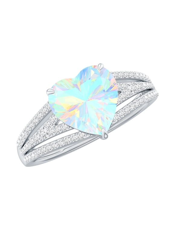 Ethiopian Opal Heart Engagement Ring with Diamond - 2 Carat - Split Shank Ring - AAA Quality - with Jewelry Box, 925 Sterling Silver, US 4.00